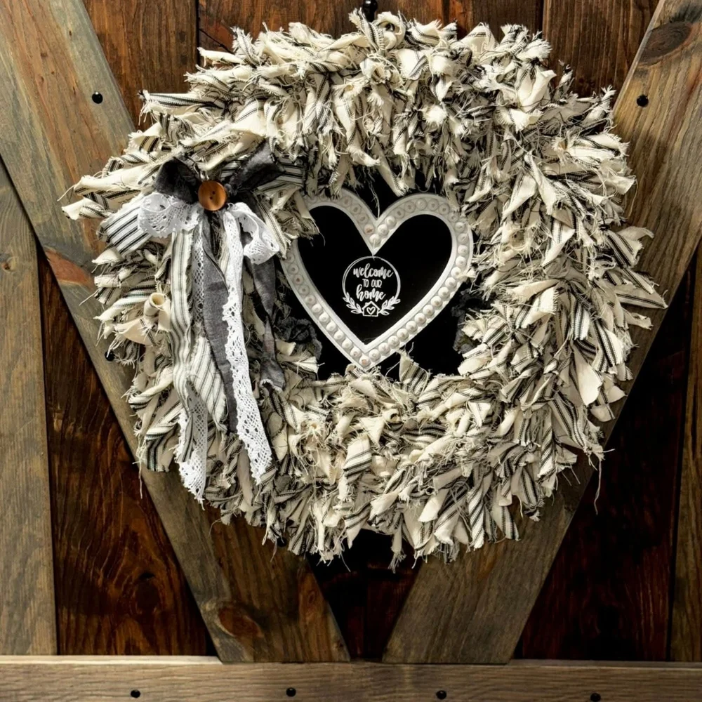 Cream and Black Rag Wreath with Heart Chalkboard Accent